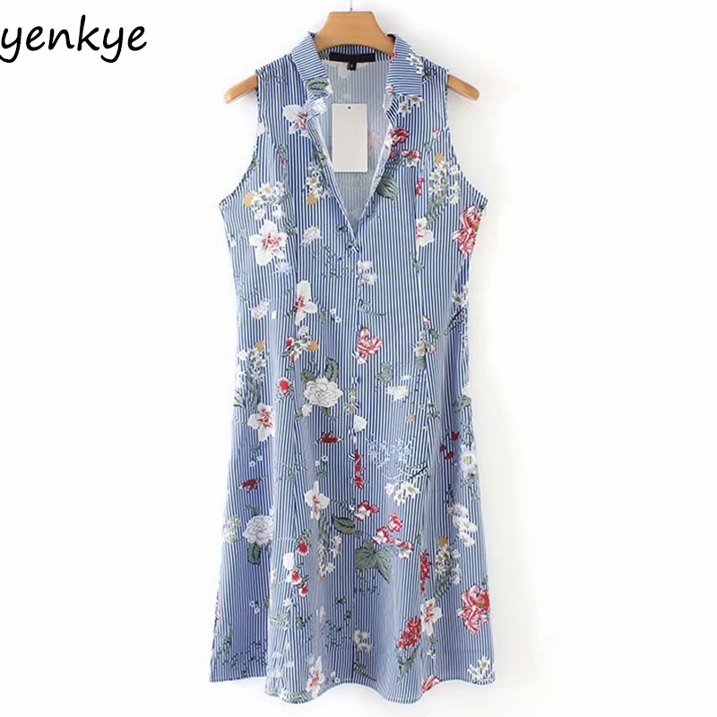 2019 Women Floral Print Striped Sleeveless Shirt Dress Female Turn-down Collar Knee Length Casual Summer Dress XZWM19007
2019 Women Floral Print Striped Sleeveless Shirt Dress Female Turn-down Collar Knee Length Casual Summer Dress XZWM19007