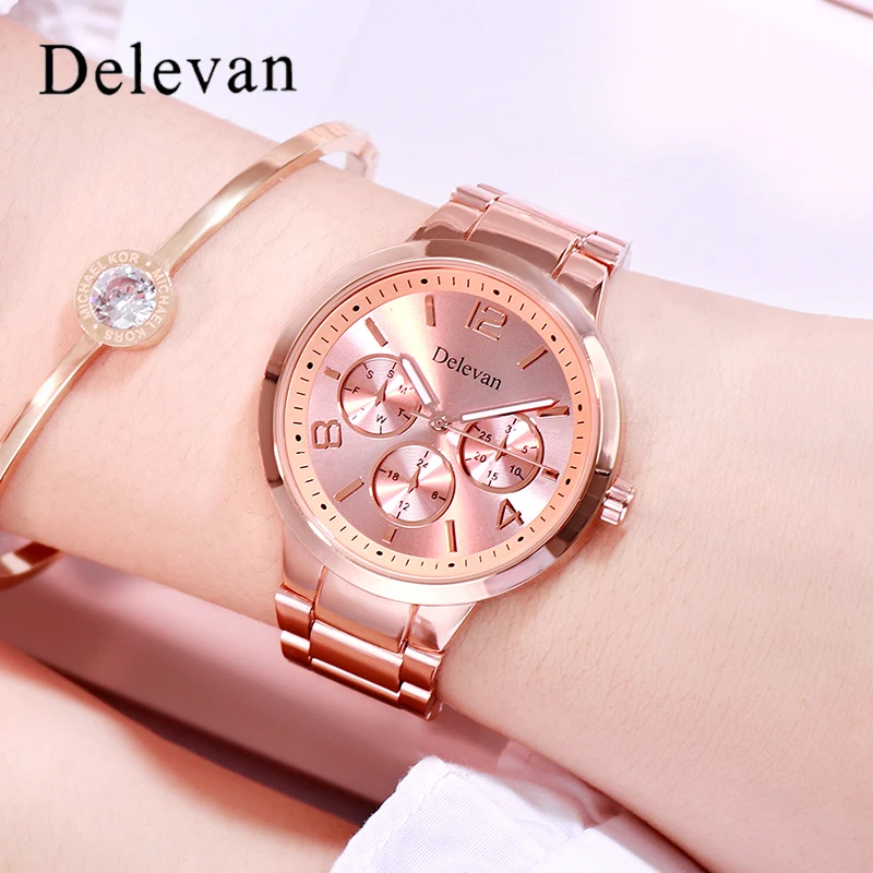 Фото Delevan бренд розовое золото для женщин часы сталь роскошные женские Творческий