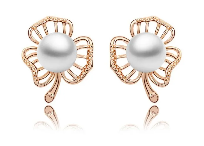 Lovely gift quality Crystal rhinestones popular hollow three leaf flower imitation pearl earrings fashion Jewelry summer lover | Украшения