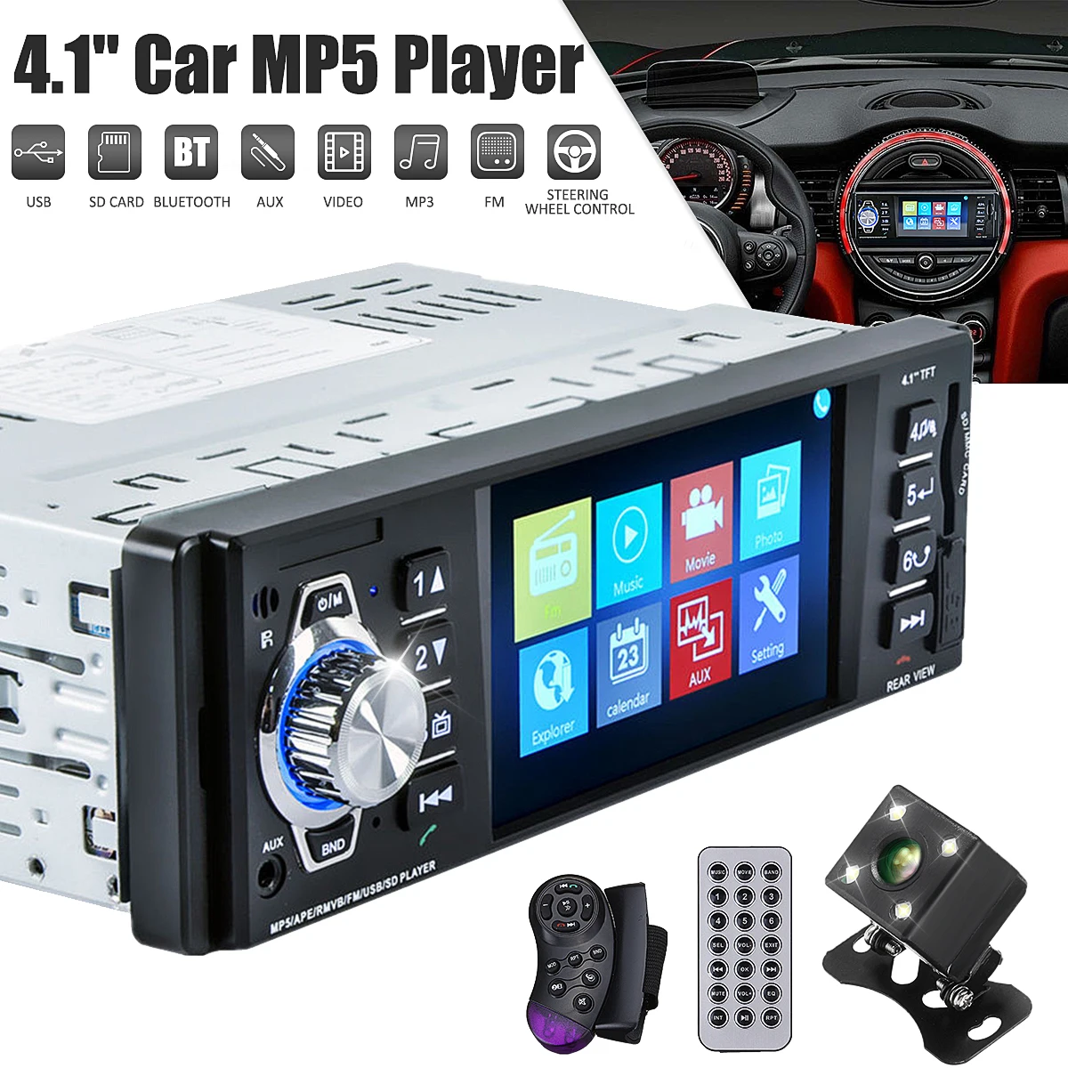 4.1'' 1Din Car Amplifiers Bluetooth Radio FM Head Unit MP5 Player Remote Control + Camera for Auto Car Audio Player
4.1'' 1Din Car Amplifiers Bluetooth Radio FM Head Unit MP5 Player Remote Control + Camera for Auto Car Audio Player