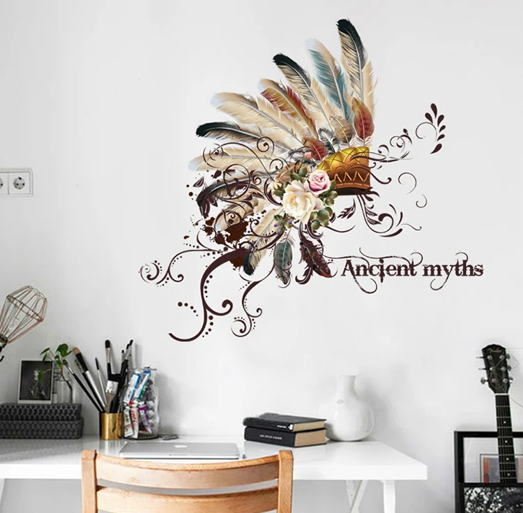 Ancient tribal headdress feather wall stickers home decor living room decal diy art mural wallpaper removable sticker | Дом и сад