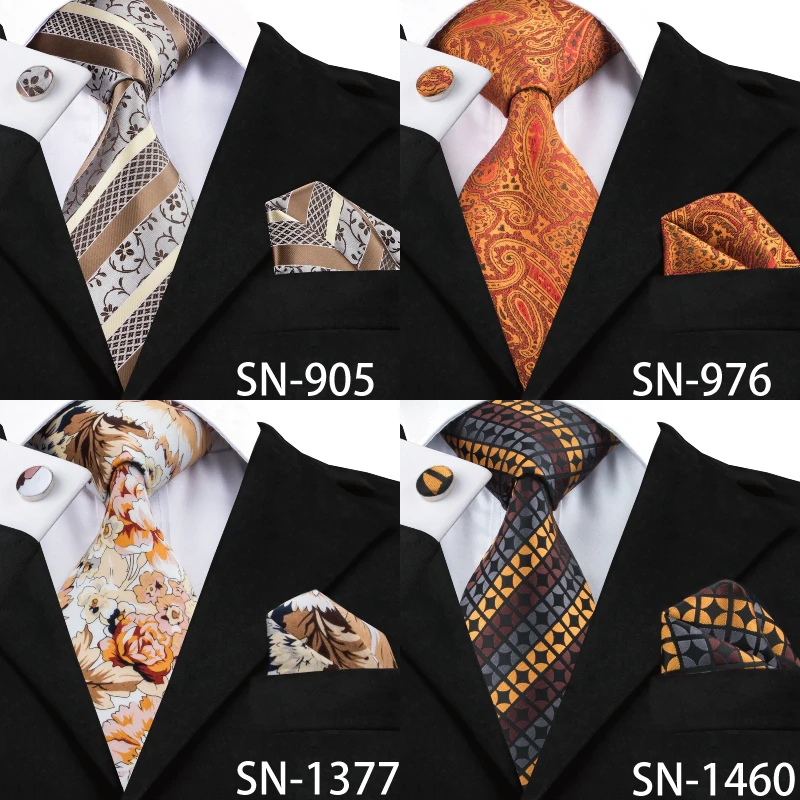 SN-976 Orange Black Red Floral Tie Hanky Cufflinks Sets