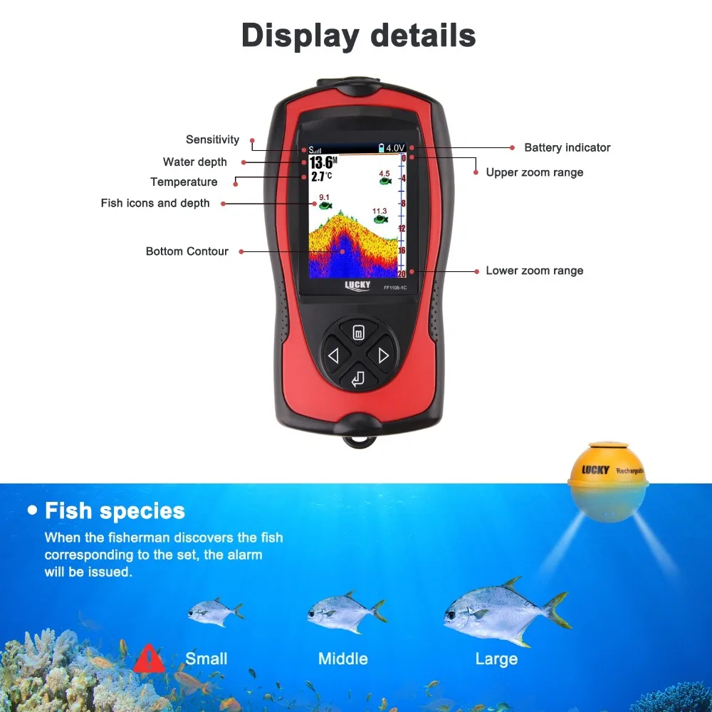 Lucky Rechargeable Fish Finder ff1108-1 cwla wireless Findfish sonar sensor fish finder echo sounders deeper fishfinder BiteFish
Lucky Rechargeable Fish Finder ff1108-1 cwla wireless Findfish sonar sensor fish finder echo sounders deeper fishfinder BiteFish