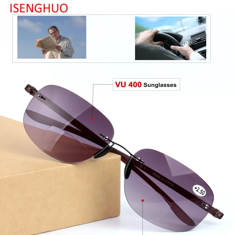 ISENGHUO Men Women Bifocal Reading Glasses Sunglasse Reade Double light Rimless Glasse Oculos
ISENGHUO Men Women Bifocal Reading Glasses Sunglasse Reade Double light Rimless Glasse Oculos