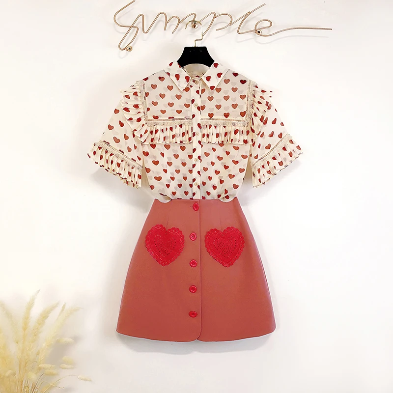 2019 Summer Women Cute Ruffles Love Pattern Print Chiffon Shirt Blouse + Button A-Line Mini Skirt Set Heart 2PCS Clothing Set
2019 Summer Women Cute Ruffles Love Pattern Print Chiffon Shirt Blouse + Button A-Line Mini Skirt Set Heart 2PCS Clothing Set