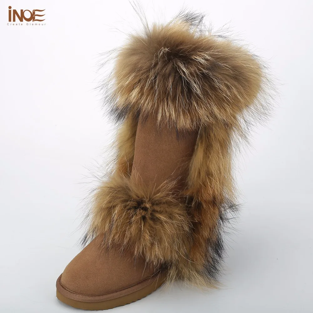 Image INOE Fashion big fox fur real cow split leather high winter snow boots for women winter shoes tall boots waterproof high quality