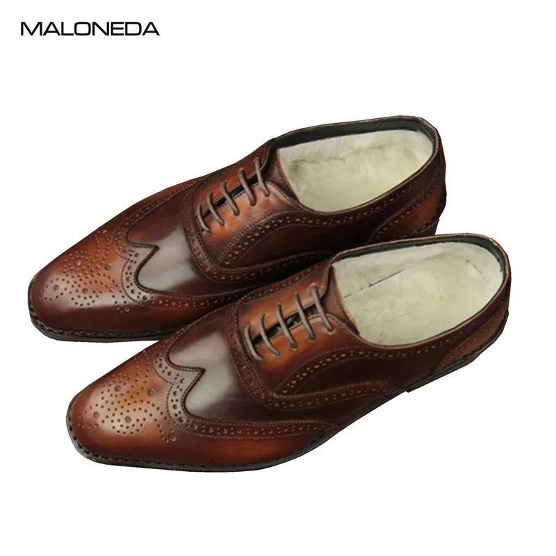 

MALONEDA Bespoke Winter Keep Warm Genuine Leather Shoes Handmade Goodyear Lace-up Oxfords Brogue Shoes Wear In Cold Weather