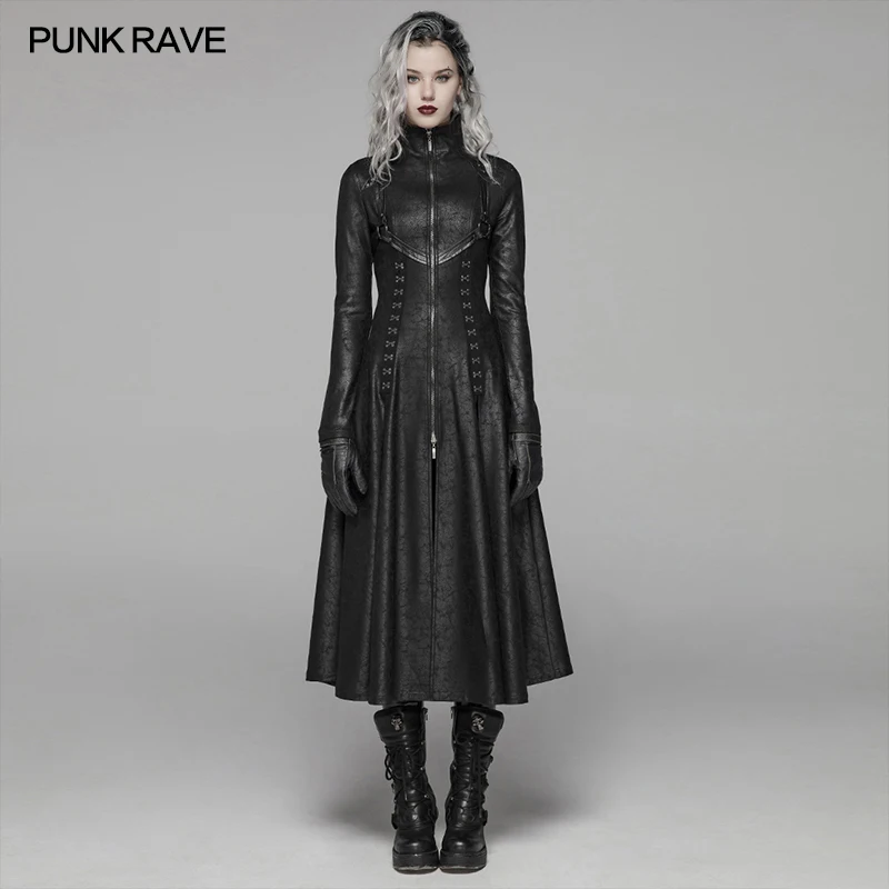 

PUNK RAVE Women's Dark Punk Front Zipper Stand Collar Maxi Overcoat Goth Stage Performance Cosplay Womens Trench Long Coats