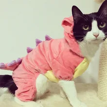 Pet Plush Outfit Dinosaur Costume with Hood for Small Dogs & Cats Jumpsuit Winter Coat Warm Clothes