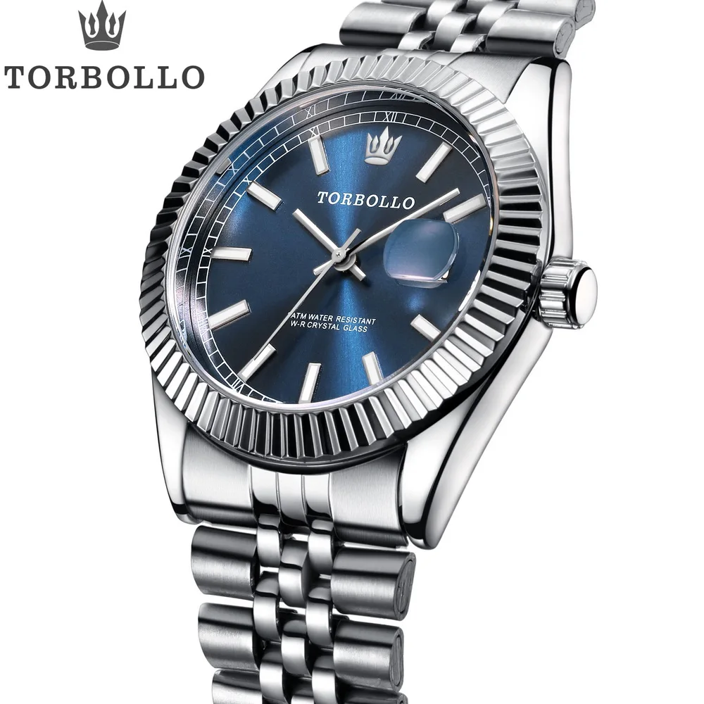 Мужские наручные часы torbolo брендовые роскошные с металлическим браслетом синие