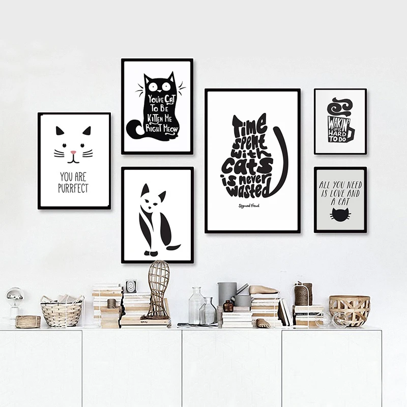 Image Black and White Cat, Aniamls Quote Modern Poster Canvas Printings Wall Canvas Art Prints Wall Pictures for Living Room no frame