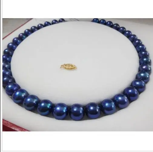 stunning10-11mm tahitian round black blue pearl necklace 18inch 14KGP