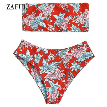 

ZAFUL Bandeau Bikini Strapless Swimwear Women Floral High Waisted Swimsuit Padded Bathing Suit Two Piece Swimwear Sexy Biquni