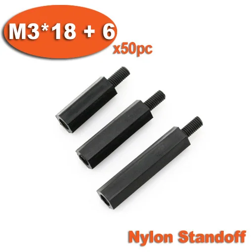 

50pcs Male To Female Thread M3 x 18mm + 6mm Black Plastic Nylon Hexagon Hex Standoff Spacer Pillars