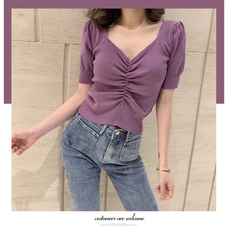 Women Retro Ruffle Knitted Tops Short Sleeves Slim Solid Casual T Shirt Sexy Top
Women Retro Ruffle Knitted Tops Short Sleeves Slim Solid Casual T Shirt Sexy Top