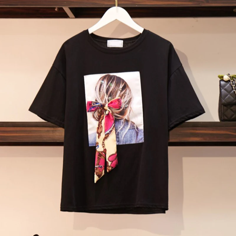 Cotton Character Printing Bowknot Women's T-shirt Short Sleeve Loose Lady Tops Tees Fashion 2019 Summer Women Casual TShirts
Cotton Character Printing Bowknot Women's T-shirt Short Sleeve Loose Lady Tops Tees Fashion 2019 Summer Women Casual TShirts