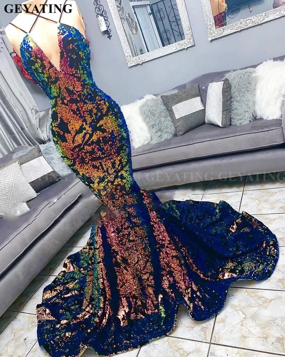 Colorful Sequin Velvet Mermaid Black Girls Prom Dresses 2019 Sexy V-Neck Court Train Plus Size African Evening Party Dress Long
Colorful Sequin Velvet Mermaid Black Girls Prom Dresses 2019 Sexy V-Neck Court Train Plus Size African Evening Party Dress Long