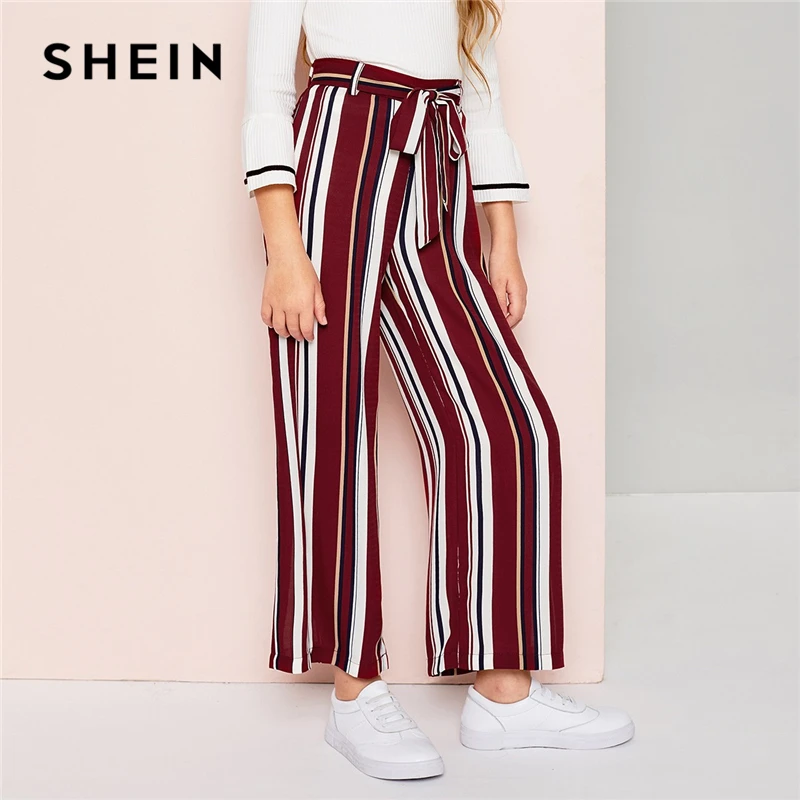 

SHEIN Kiddie Striped Belted Wide Leg Elegant Girls Pants Kids Clothes 2019 Spring Elastic Waist Trousers Casual Pants