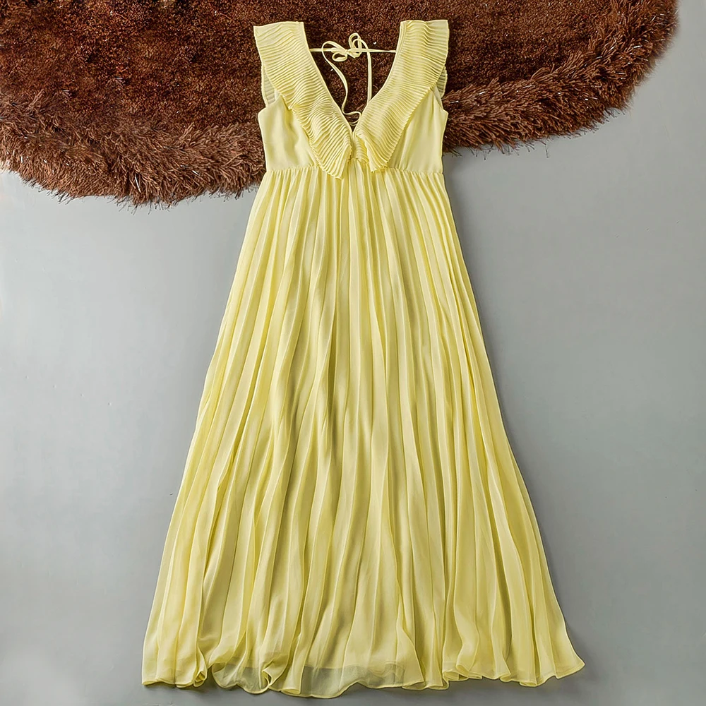 Very Good Quality Yellow Chiffon Pleated Long Dress Elegant Deep V Neck Sleeveless Slim Vestidos Summer New Stylish Dress Women
Very Good Quality Yellow Chiffon Pleated Long Dress Elegant Deep V Neck Sleeveless Slim Vestidos Summer New Stylish Dress Women