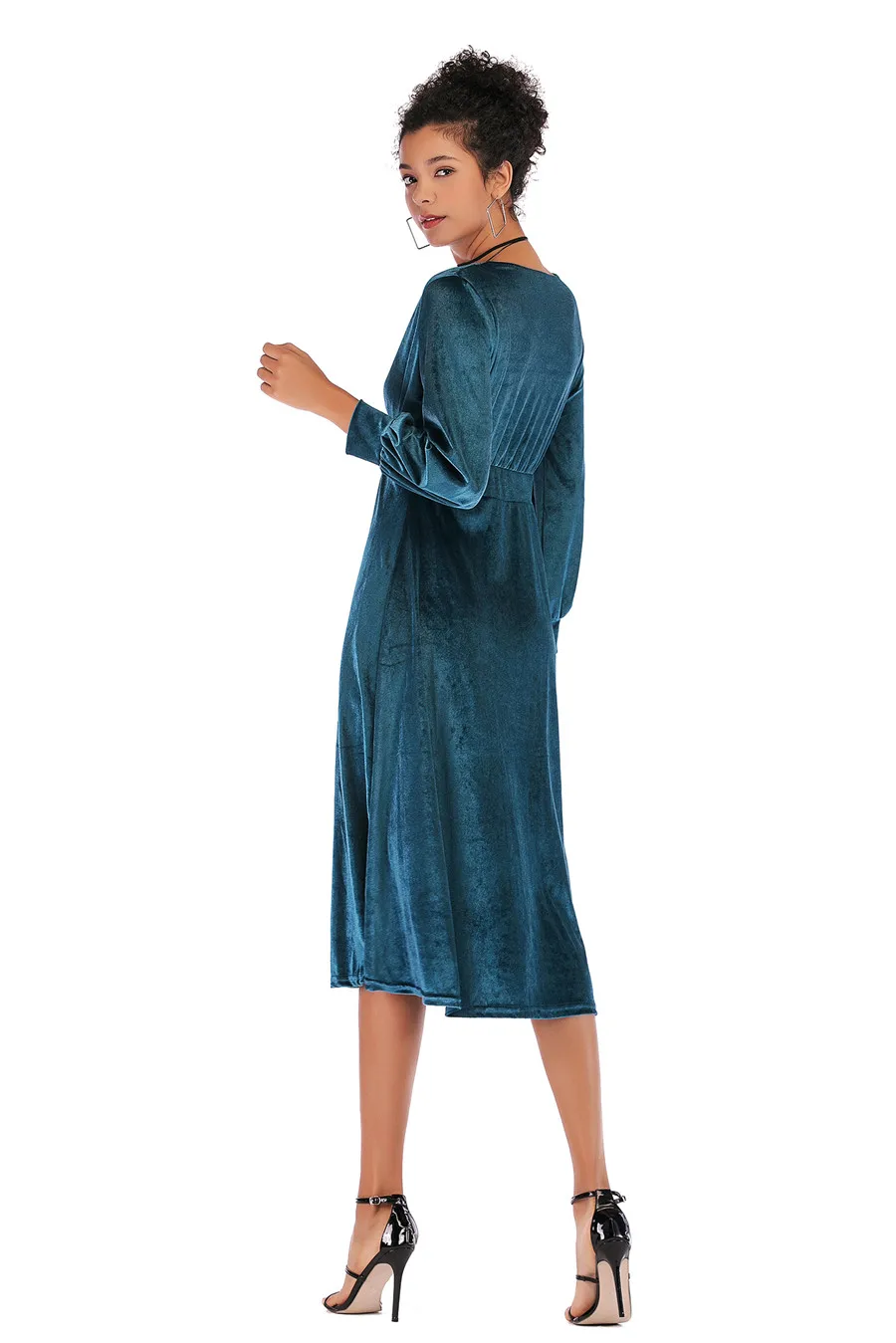 Gladiolus 2018 Autumn Winter Dress Women Long Sleeve V-Neck Tunic Swing Midi Sexy Gold Velvet Dress Women Evening Party Dresses (24)