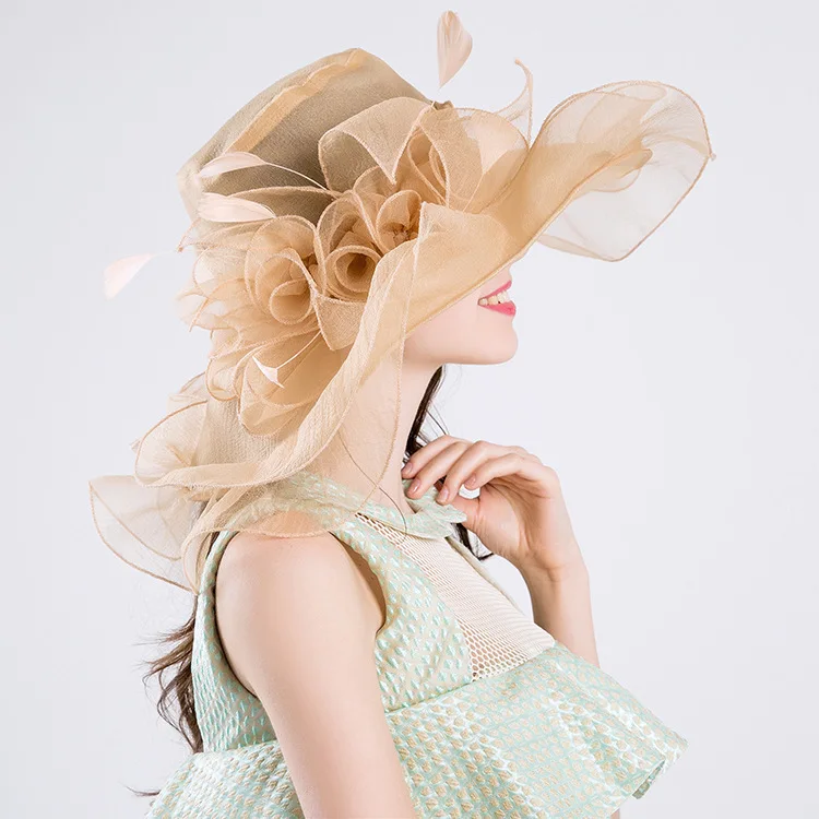 Women Organza Big Flower Feather Hat Wedding Party Cap For Lady Kentucky Derby Hat Female Summer Wide Birm Sun Chapeau Feminino 
Women Organza Big Flower Feather Hat Wedding Party Cap For Lady Kentucky Derby Hat Female Summer Wide Birm Sun Chapeau Feminino