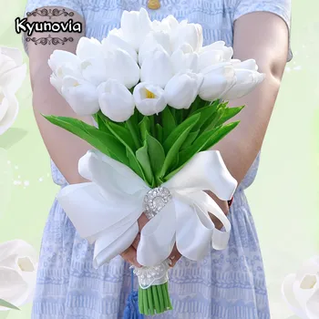 

Kyunovia Artificial flower Mini Tulips Centerpieces Real Touch Silk Bridal Bouquets White Silk Tulips Wedding bouquet A0010