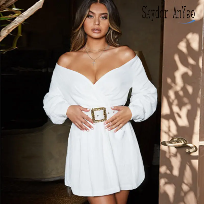 Women Off Shoulder White Summer Dress 2019 Long Puff Sleeve With Belt Sexy Party Dress Elegant Mini Wrap Dress Casual Vestidos
Women Off Shoulder White Summer Dress 2019 Long Puff Sleeve With Belt Sexy Party Dress Elegant Mini Wrap Dress Casual Vestidos