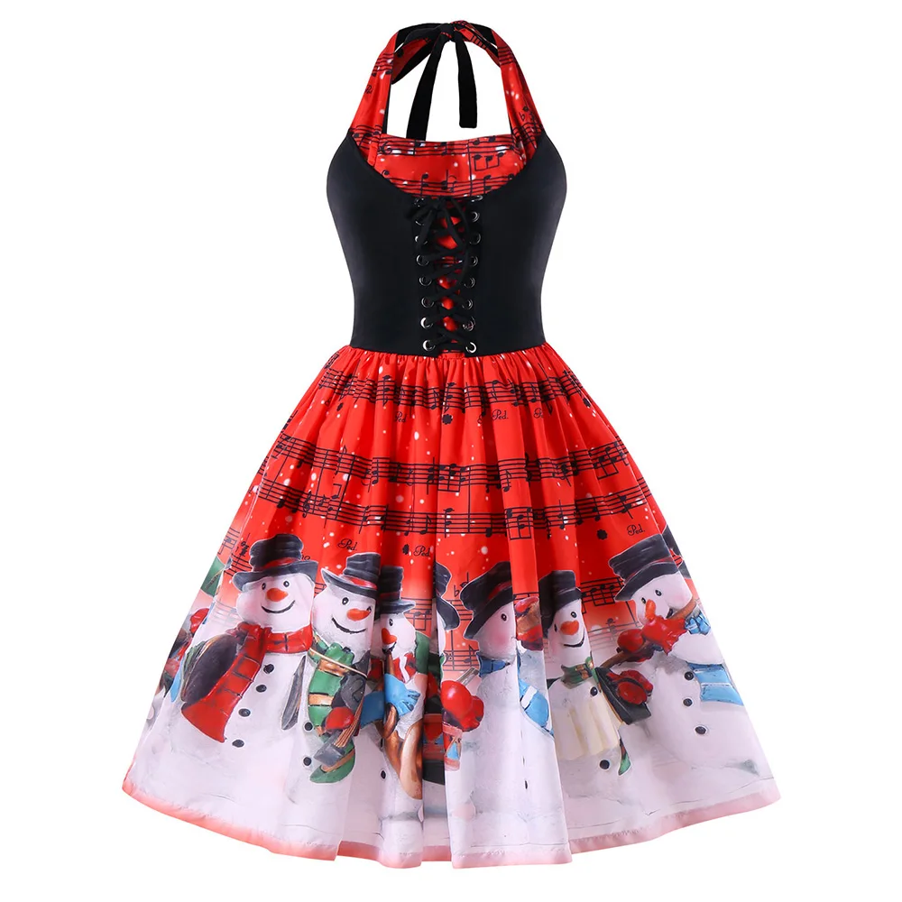 

Wipalo Christmas Plus Size 5XL Music Notes Snowman Halter Dress Open Back Lace Up 50s Vintage Swing Dress Retro Party Vestidos