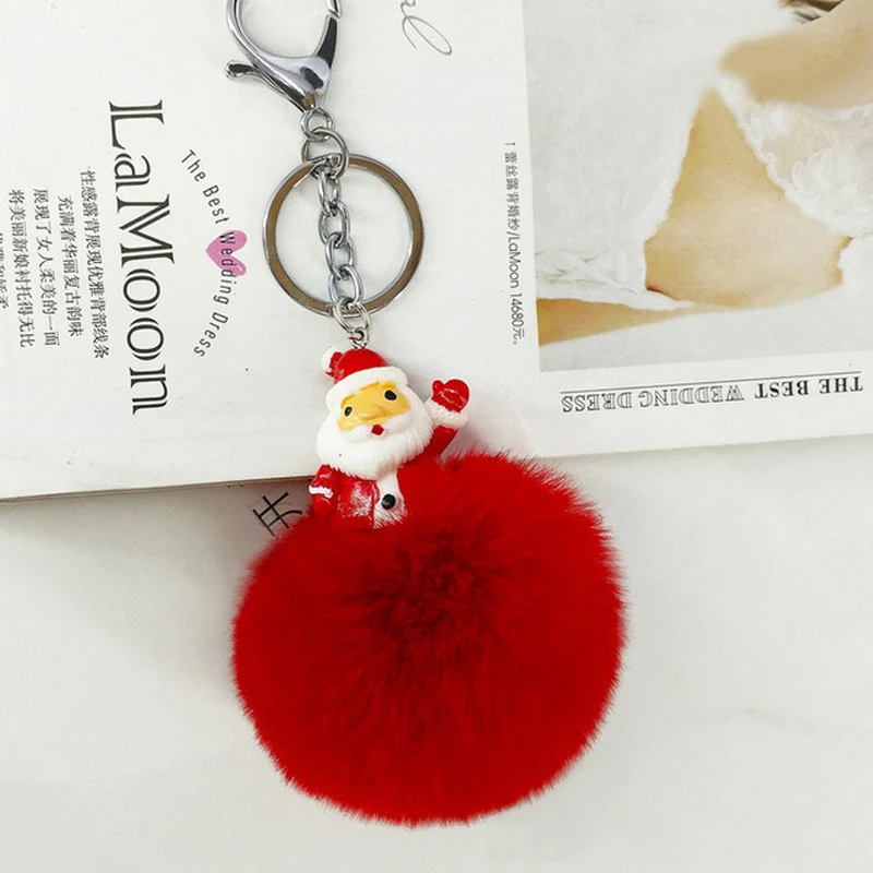 

2018 pop Original New Fluffy Fur Santa Claus Pompom Keychain For Women Xmas Bag Charm Pompon Key Chain Holder Christmas Day Gift