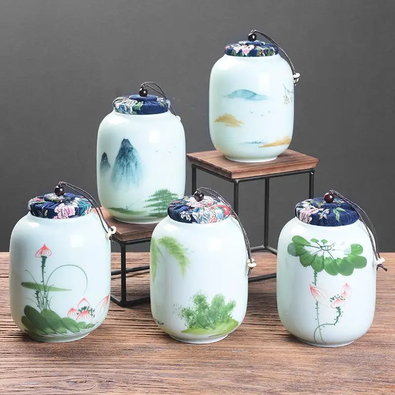 

Chinese Lotus Pond Moonlight Ceramic Tea Box Retro Family Tea Storage Containers Ligh Blue Porcelain Jar Powder Coffee Teaware