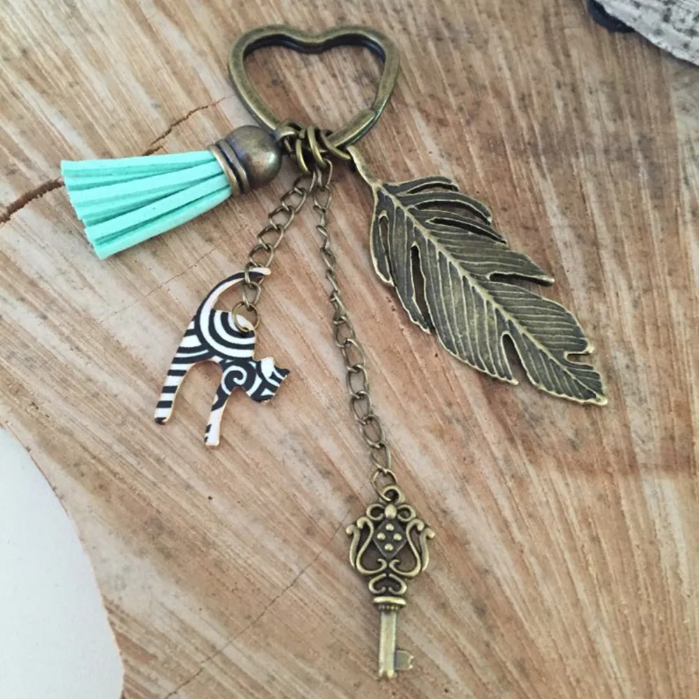 Doreen Box Antique Bronze Key Chains&Key Rings vintage feather heart Key Pendant Stripe Cat Tassel Pendants Mint Green Keychain 7