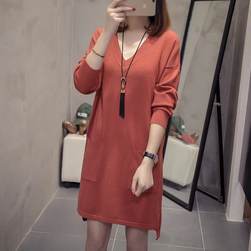 Mid length Sweater Women's heads Dress Autumn Winter New 2019 Loose Korean V-neck knit bottoming fashion V-neck Dress Female
Mid length Sweater Women's heads Dress Autumn Winter New 2019 Loose Korean V-neck knit bottoming fashion V-neck Dress Female