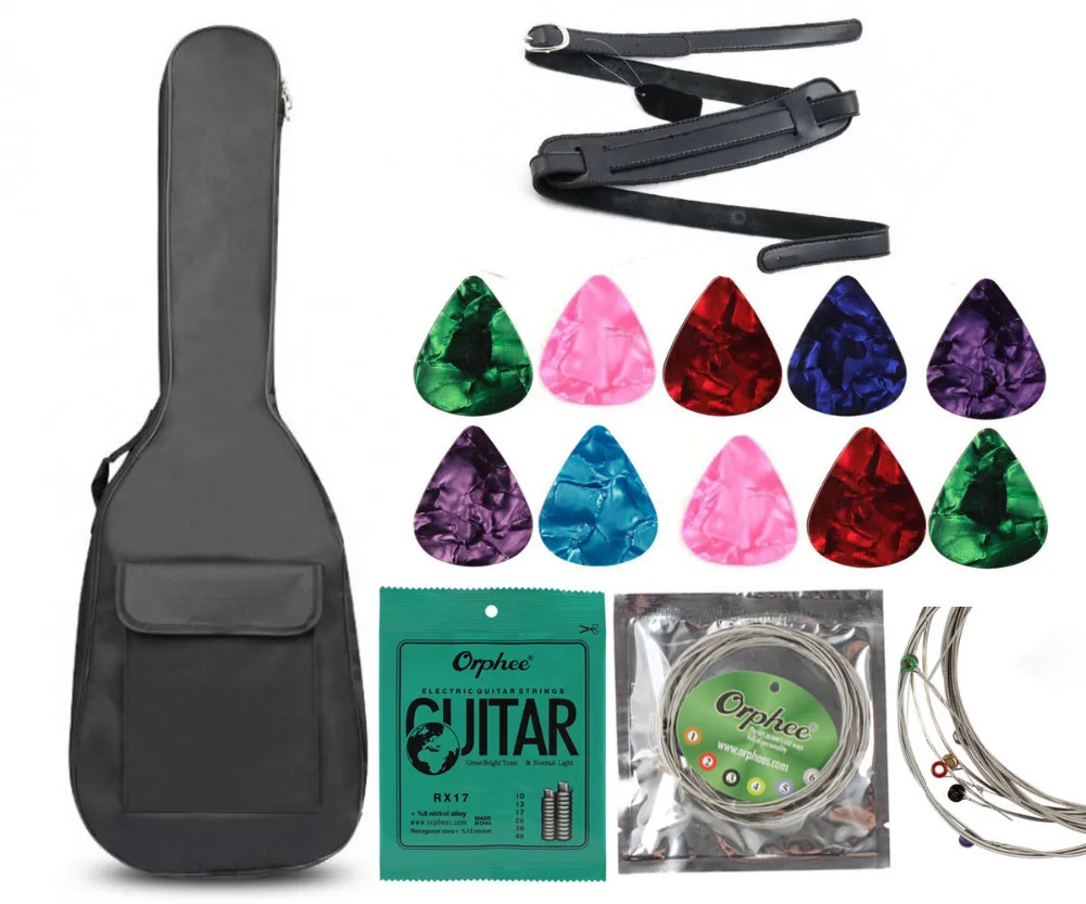 Padded Electric Guitar Bag + 10pcs Celluloid Guitar Picks + SLASH Leather Guitar Strap + Guitar Strings Set
Padded Electric Guitar Bag + 10pcs Celluloid Guitar Picks + SLASH Leather Guitar Strap + Guitar Strings Set