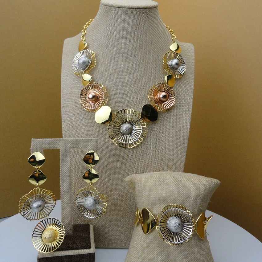African 24k gold color plated Three Tones jewelry set Necklace Bracelet Earring and Ring FHK5554
African 24k gold color plated Three Tones jewelry set Necklace Bracelet Earring and Ring FHK5554