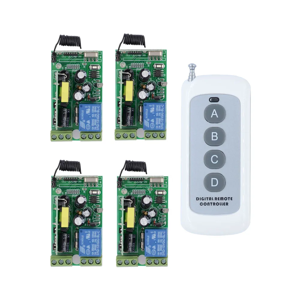 AC 110V 220V 230V 250V 4CH Wireless Remote Control Switch System Wireless Lighting Switch 4PCS Receiver + 4Keys Transmitter
AC 110V 220V 230V 250V 4CH Wireless Remote Control Switch System Wireless Lighting Switch 4PCS Receiver + 4Keys Transmitter
