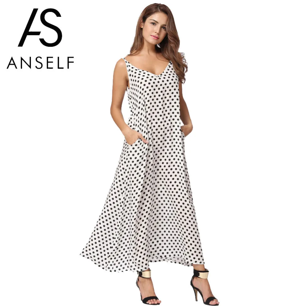 Deep V Neck Sleeveless Polka Dot Long Dress