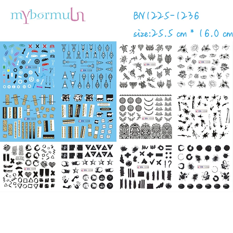 12 Styles Black Nail Art Sticker Symbol Flower Design Decals Wrap Water Transfer Slider for Manicure Decoration BN1225-1236
12 Styles Black Nail Art Sticker Symbol Flower Design Decals Wrap Water Transfer Slider for Manicure Decoration BN1225-1236