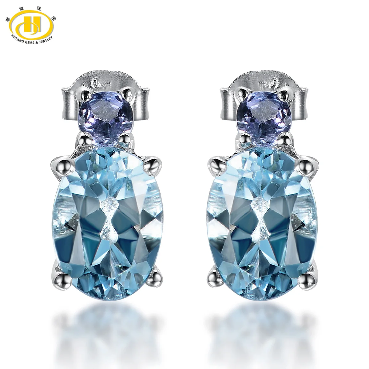 Image Hutang Natural Blue Topaz   Tanzanite Stud Earrings Solid 925 Sterling Silver Gemstone Fine Jewelry Women s gift