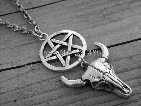 Image 12pcs lot Silver Cattle Skull  Pentagram Necklace Pentacle Cow Skull Cow Head Satanic Southern Cowgirl Rock and Roll Rocker