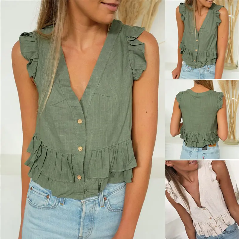 Hot Sale Sexy Girl's Top Fashion Women Solid V-Neck Sleeveless Buttons Ruffles Hem Linen Casual Tank Top Party Shirt femme S-2XL
Hot Sale Sexy Girl's Top Fashion Women Solid V-Neck Sleeveless Buttons Ruffles Hem Linen Casual Tank Top Party Shirt femme S-2XL