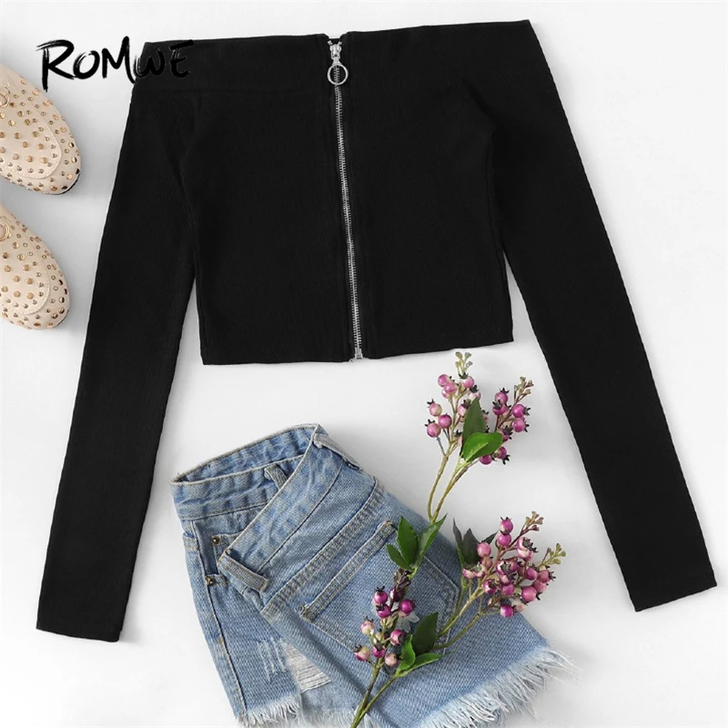 ROMWE Off The Shoulder Tops For Women Black Zip Up Tee Shirt Femme 2019 Spring Slim Woman Clothes Crop Top Long Sleeve shirts
ROMWE Off The Shoulder Tops For Women Black Zip Up Tee Shirt Femme 2019 Spring Slim Woman Clothes Crop Top Long Sleeve shirts