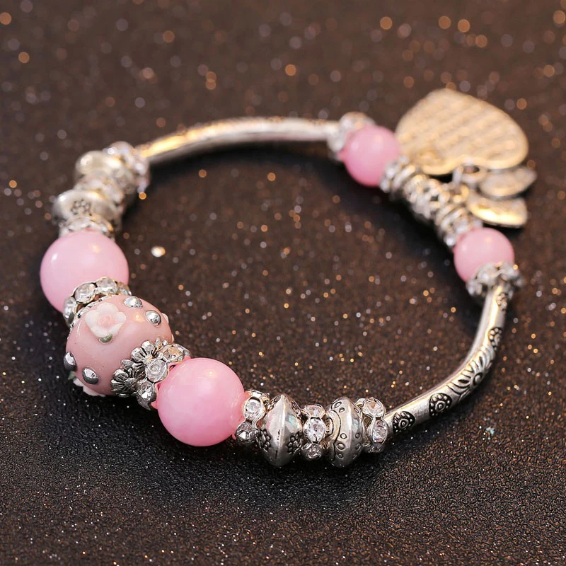 TDQUEEN Vintage Charm Bracelets for Women Silver Plated Metal Crystal Beads Rose Flower Charm Multi Color Round Beads Bracelets (6)