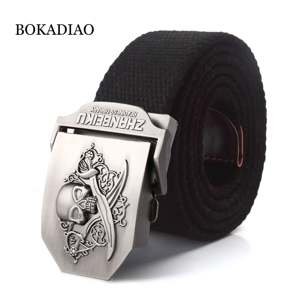 

BOKADIAO Men&Women Military Canvas belt luxury Pirate Skull Metal buckle jeans belt Army tactical belts for Men waistband strap