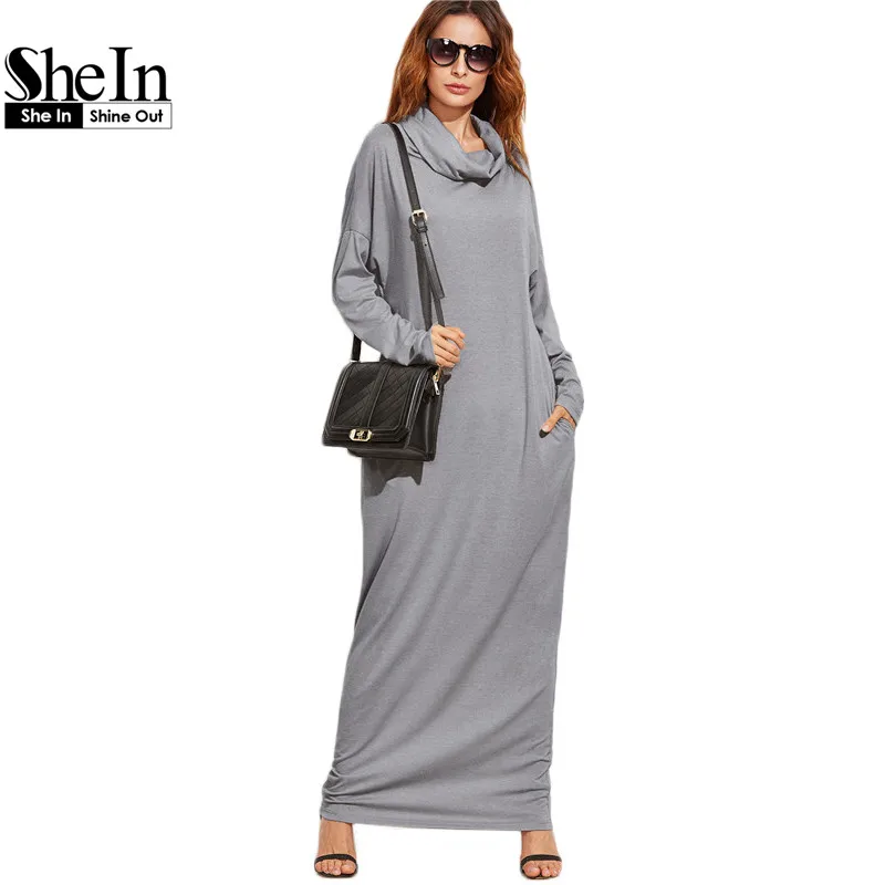 Image SheIn Woman s Fashion 2017 Winter Dress Women T shirt Dresses Grey Cowl Neck Long Sleeve Drop Shoulder Maxi Dress With Pockets