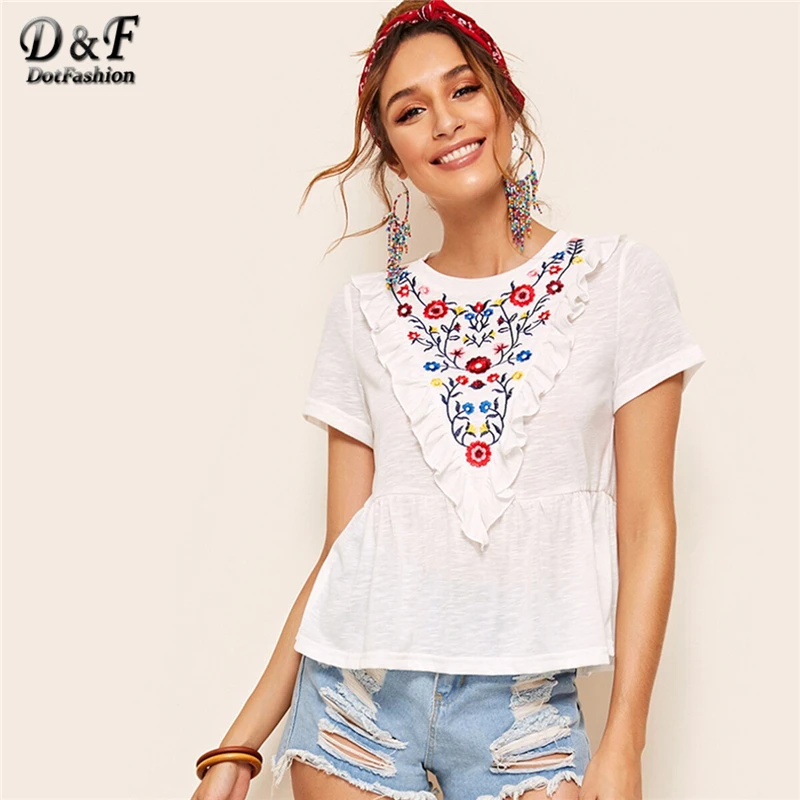 Dotfashion Embroidery Floral Ruffle Trim Peplum Top Women 2019 Summer Boho Tee Short Sleeve Clothing Korean Fashion T-Shirt
Dotfashion Embroidery Floral Ruffle Trim Peplum Top Women 2019 Summer Boho Tee Short Sleeve Clothing Korean Fashion T-Shirt