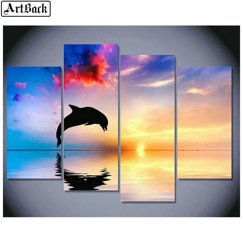 Фото 1 set of 4pcs diamond painting dolphins sunset scenery full square embroidery 3d round drill wall sticker | Дом и сад