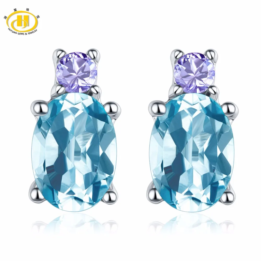 Image Hutang Natural Blue Topaz   Tanzanite Stud Earrings Solid 925 Sterling Silver Gemstone Fine Jewelry Women s gift 11.11