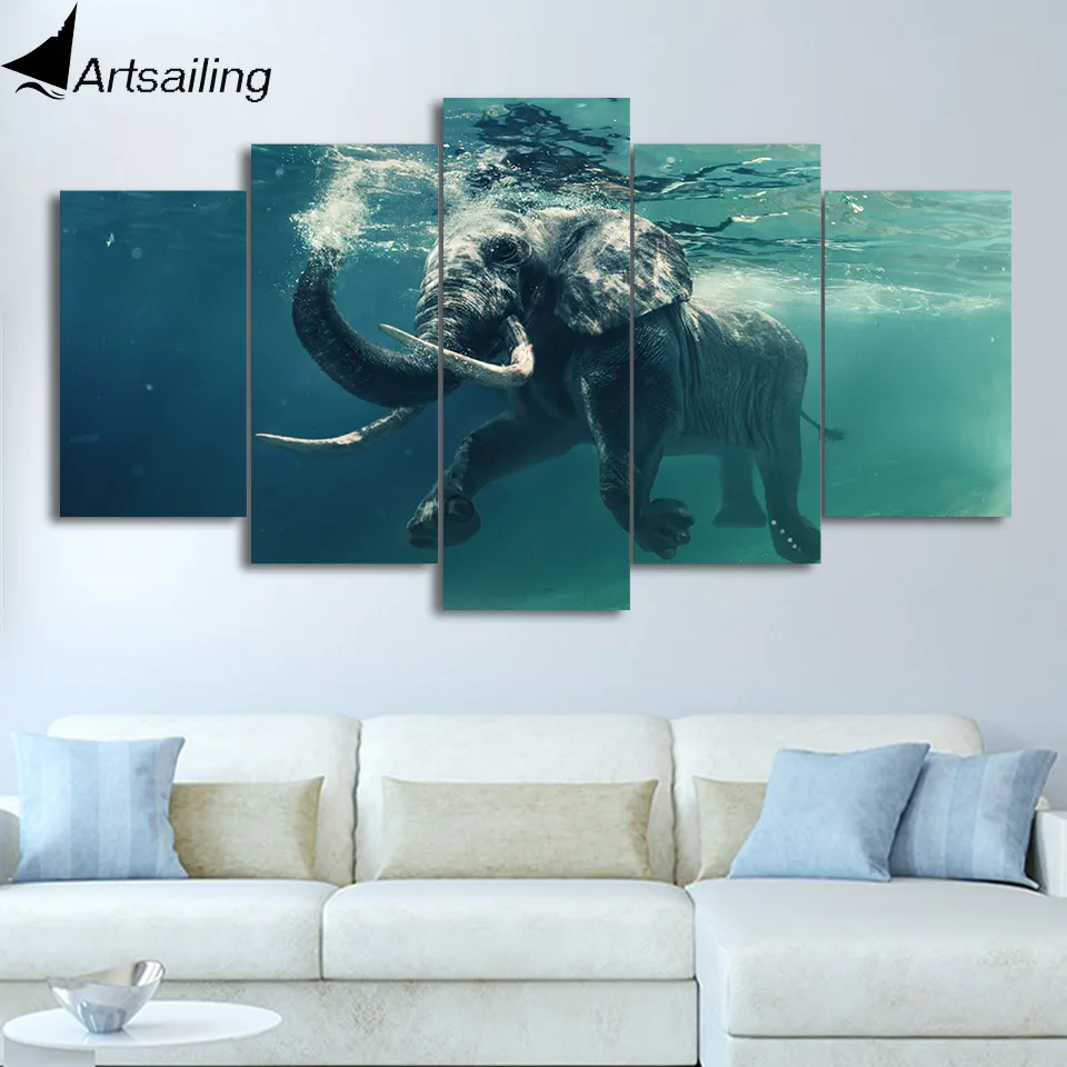 ArtSailing 5 panel canvas art print HD Swimming Elephant Animal home wall picture decoration modern Posters Joh021 | Дом и сад