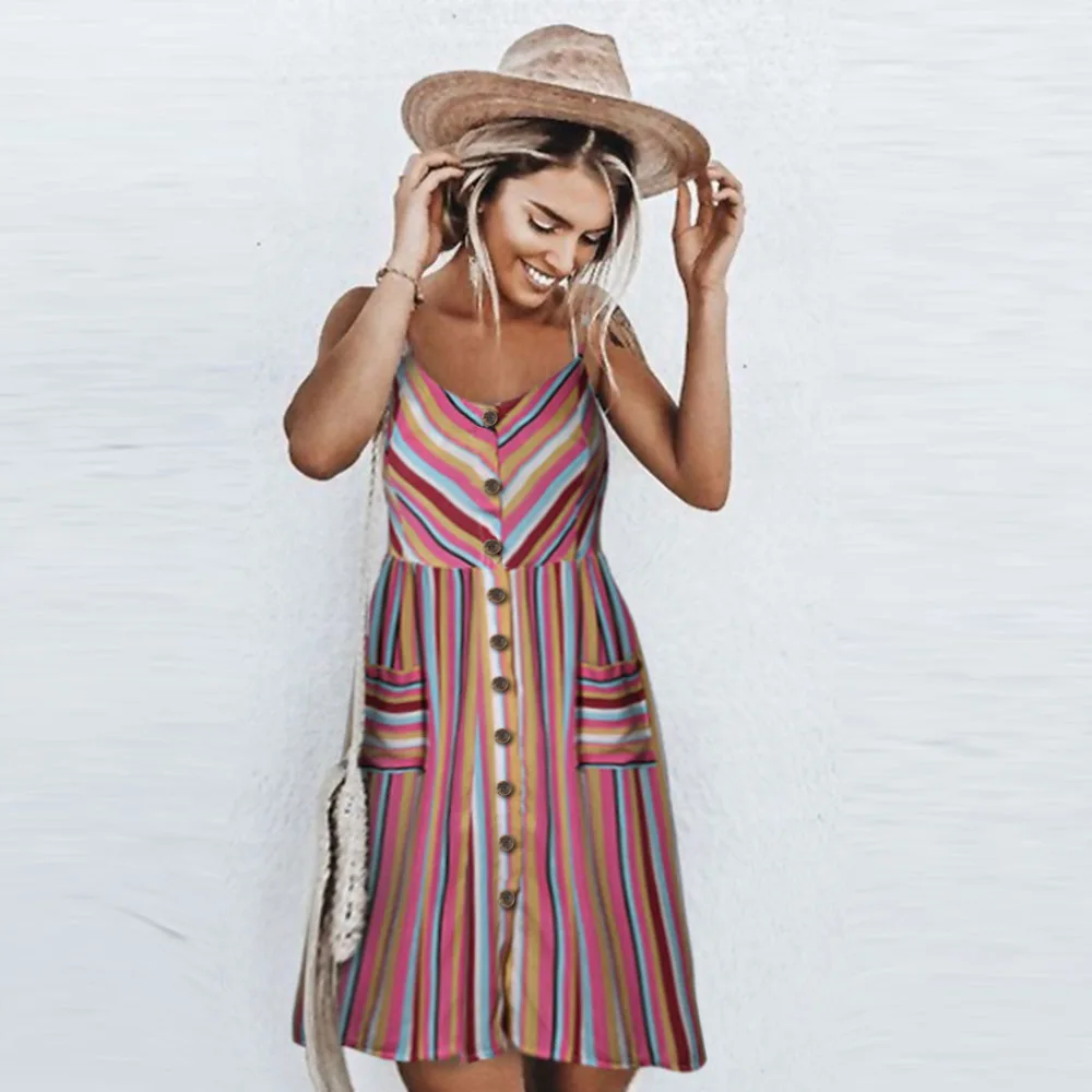 S-XXXL Striped Women Fashion Dresses Femal Elegant Sleeveless Button Pockets Summer Casual Dress A Line
S-XXXL Striped Women Fashion Dresses Femal Elegant Sleeveless Button Pockets Summer Casual Dress A Line