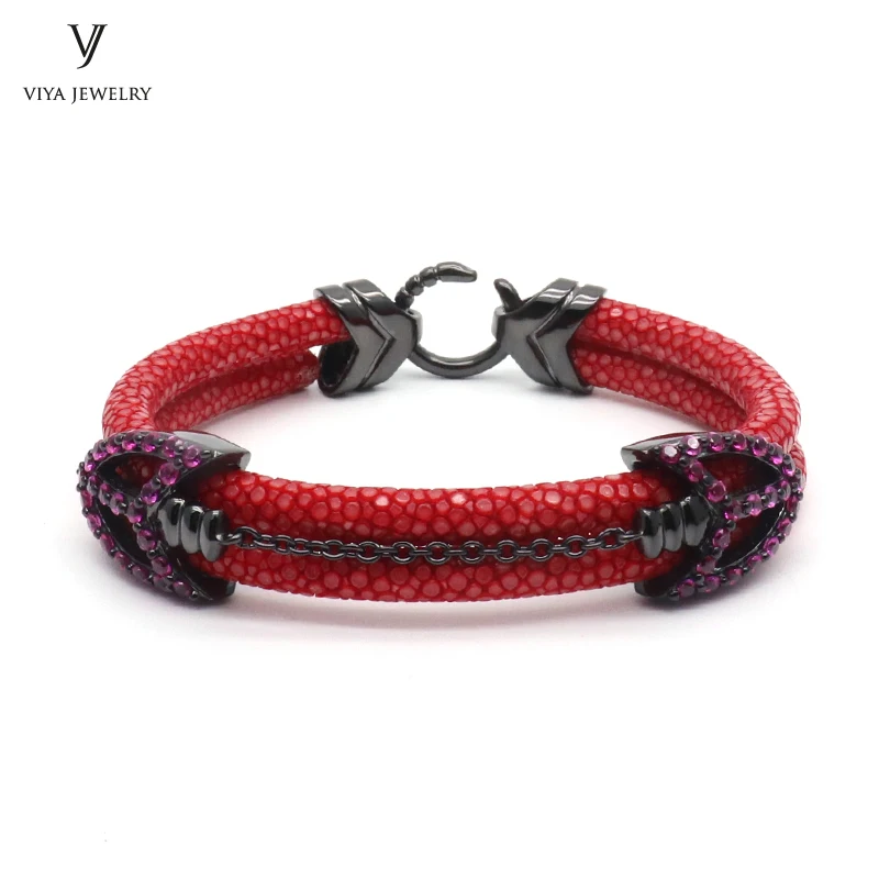 luxury 925 silver arrow bracelet with real stingray & python leather with zircon (6)